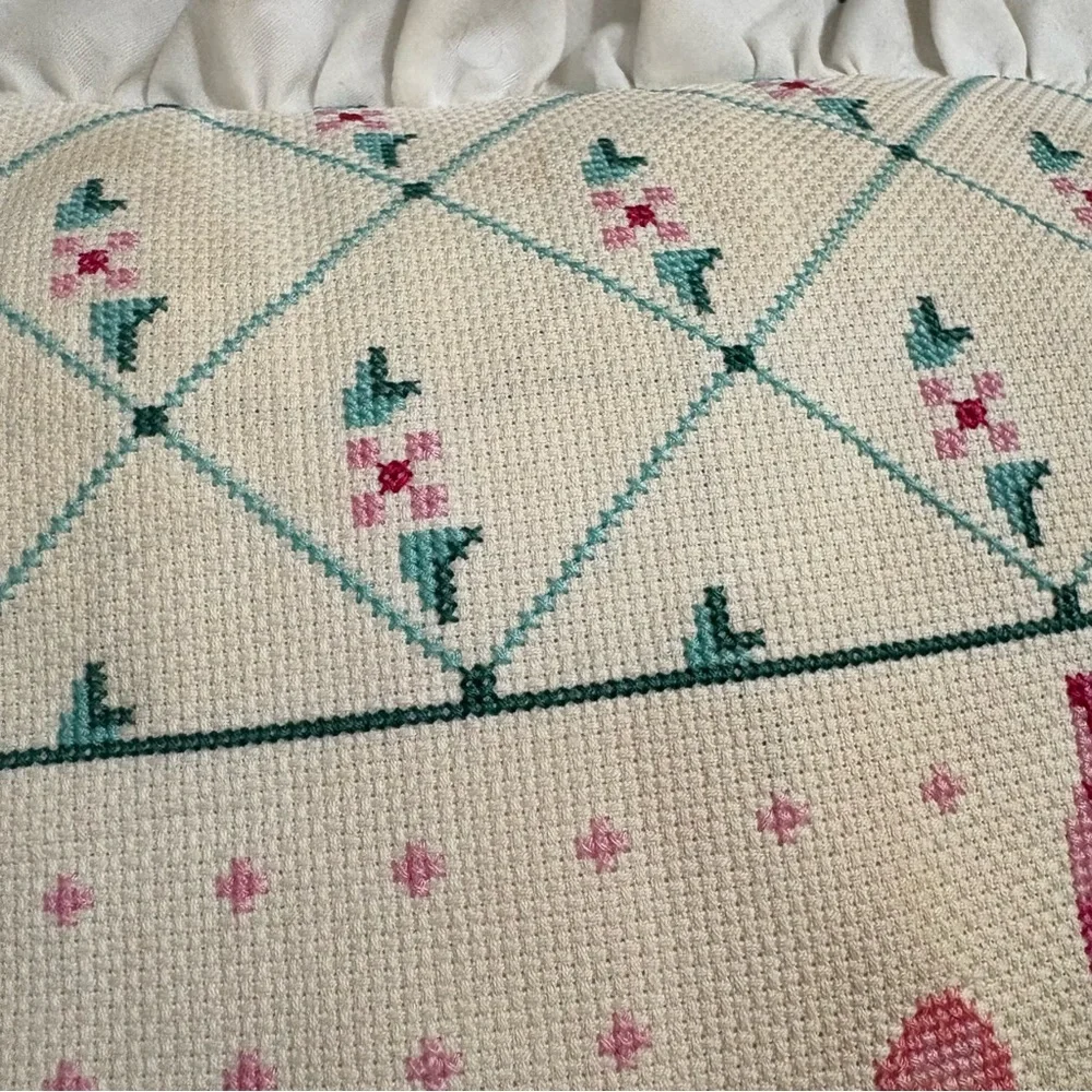 Vtg‎ Floral Cross-Stitch Needlepoint Tapestry Pillow Easter 15x16 Cottagecore